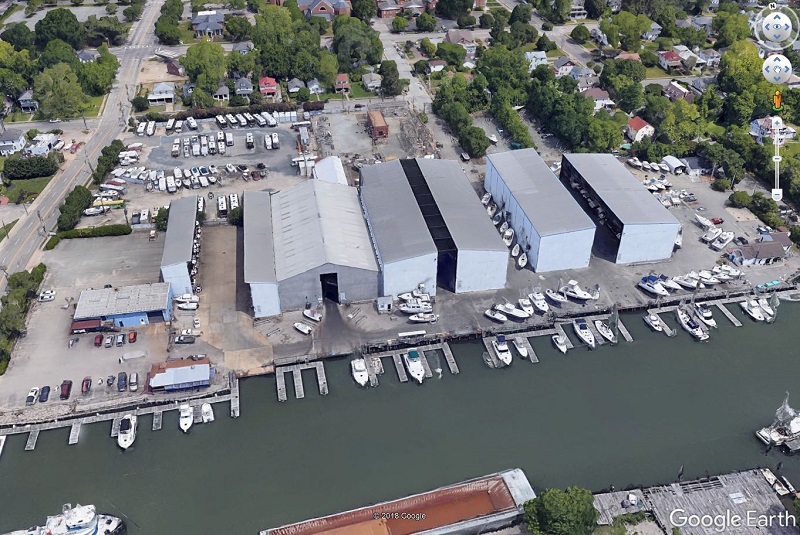 GoogleEarth image of a marina and boat storage facility
